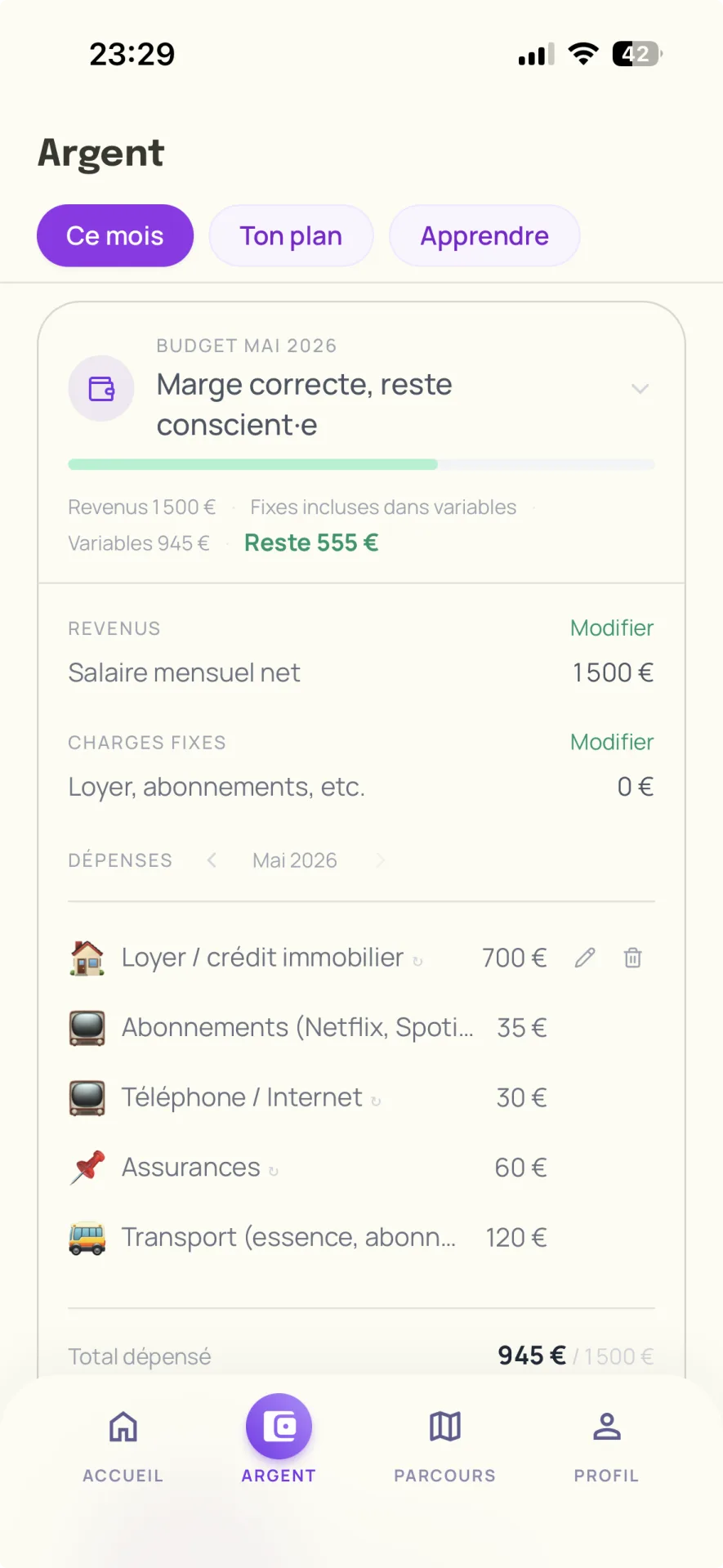 Noory — budget du mois dans l'app : revenus, charges fixes, suivi des dépenses et marge restante